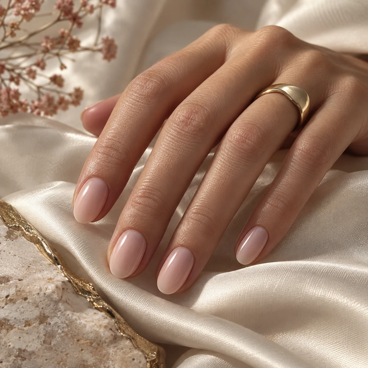 O Nas 3 Delikatny manicure nude na szampańskim jedwabiu