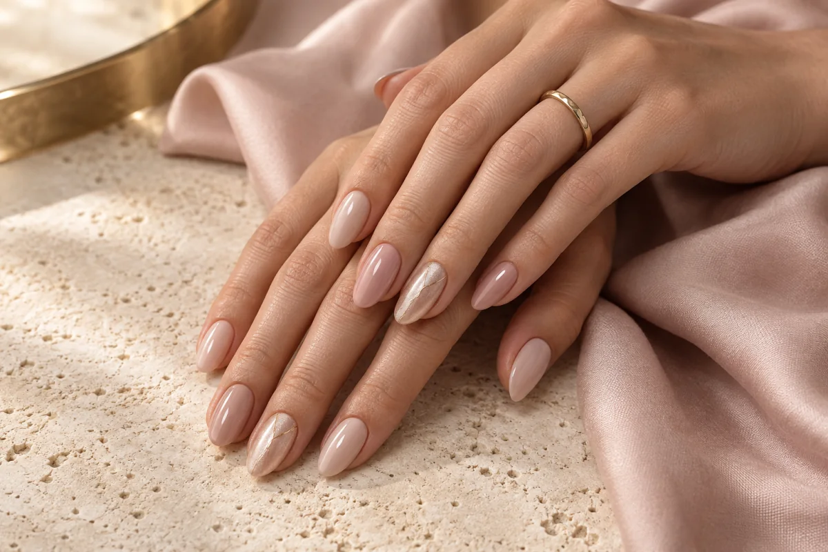 Elegancki manicure nude i pudrowy róż z delikatnym złotym zdobieniem